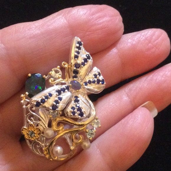 Breathtaking Genuine Sapphire, Black Opals Ring - Picture 10 of 14